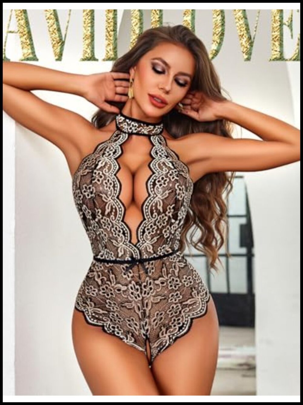 Lace Bodysuit Teddy Babydoll Halter Backless V-Neck Sleepwear - Picture 3 of 4